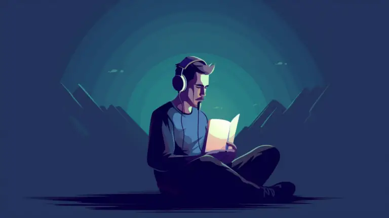 man wearing earphones while reading book