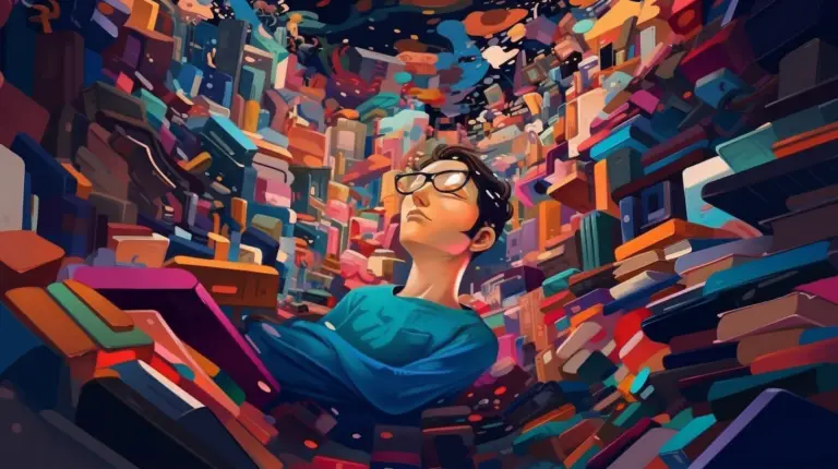 surrealistic portrayal of a person submerged in a sea of books